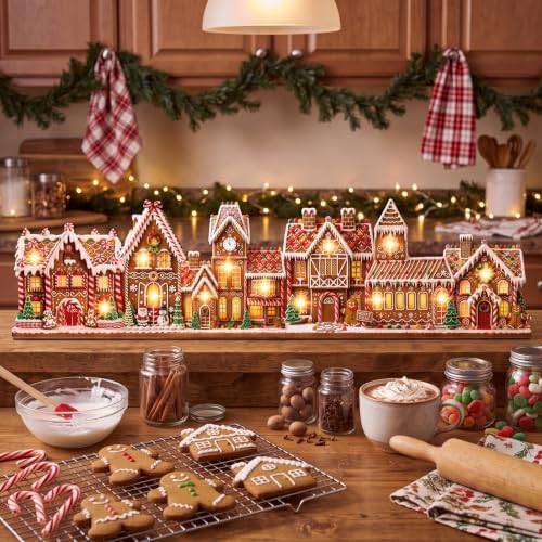 RattanView 15 in Christmas Table Decor Lighted Wooden Gingerbread Village