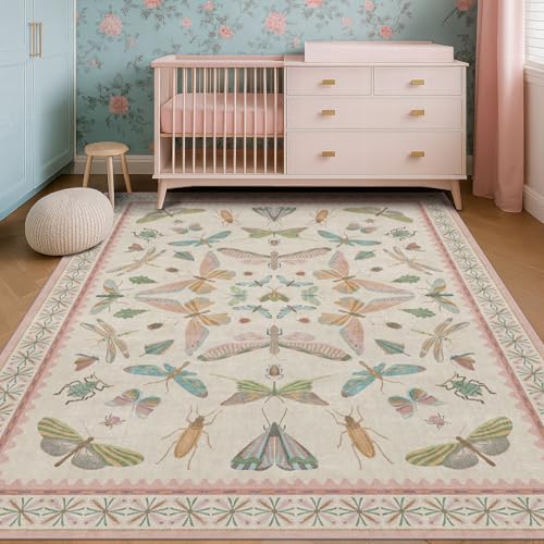 Hazo Haus Washable 5x8 Light Pink Rug for Bedroom - Pink Boho Girl Nursery Rug, Living Room, Nature Insect Bug Print