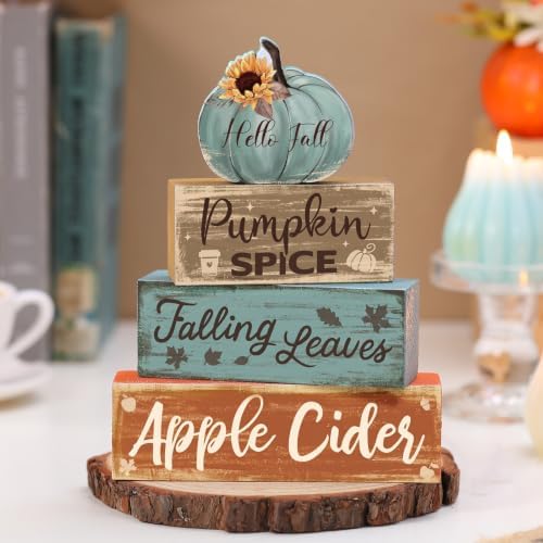4 Pcs Fall Teal Decor for Home Fall Pumpkin Wooden Sign with Sunflower