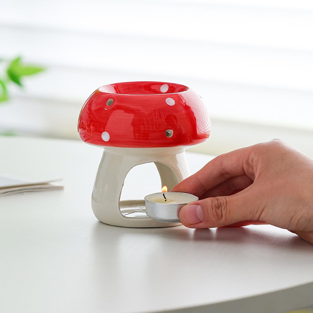 Mushroom Shaped Ceramic Tea Light Candle Holder / Yellow
