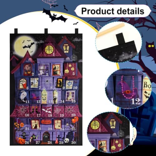HOWAF Halloween Advent Calendar Haunted House Wall Hanging, 30 Days Countdown to Halloween Fabric Calendar with 30 Pockets, Spooky Castle Design Halloween Countdown Decor for Gifts Filling