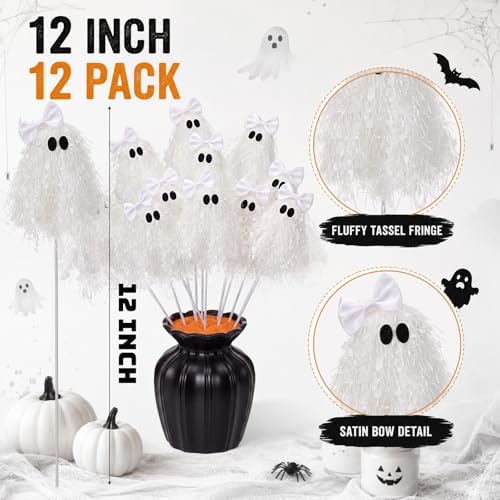 Suncalla 12 Pcs Halloween White Ghost Stem 12 Inch Cute Glitter Ghost Picks