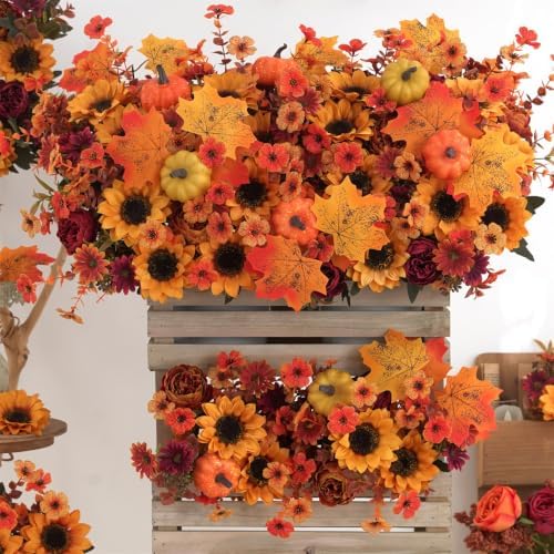 Mixed 12 Pcs Fall Artificial Flowers, Sunflower Peony Bouquet with Maple Leaves Pumpkins, Autumn Faux Floral Arrangements for Table,Thanksgiving, Halloween, Porch Planters, Garden Patio Outdoors Decor