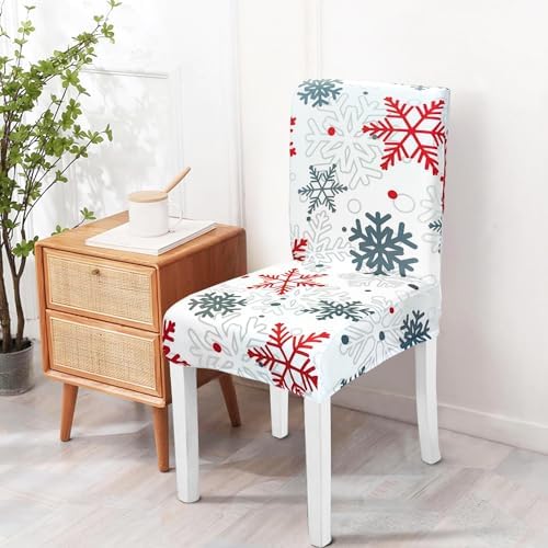 Christmas Chair Covers Set of 4,Xmas Snowflake Dining Chair Slipcovers,Elastic Removable Washable Dining Parsons Chair Protectors,Christmas Decor for Dining Room White