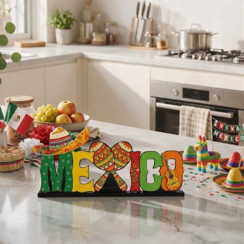 Smile Mexican Independence Day Wooden Standing Decor Sombrero Maracas Guitar Tiered Tray Tabletop Signs with Stands for Home and Party Decor