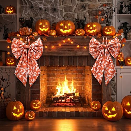 Suncalla 2 Pcs Orange Halloween Ghost Wreath Bows 18'' x 12''