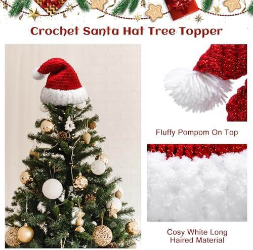 Syhood Christmas Tree Topper Red Crochet Santa Hat Farmhouse Holiday Xmas Decor for Christmas Tree Ornament Party Decoration