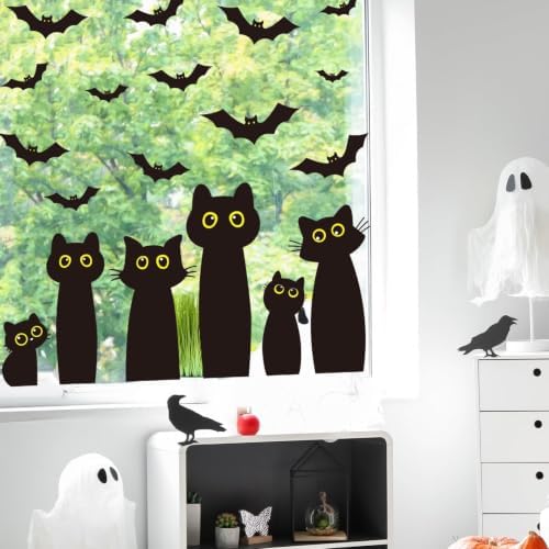 Whaline 6 Sheets Halloween Black Cat Window Clings Cartoon Cat Bat Silhouette Reusable Window Decals for Spooky Holiday Home Office School Glass Decor