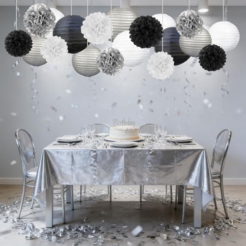 18 PCS Black White Silver Paper Lanterns & Tissue Paper Pom Poms for Men's Birthday, Graduation 2026, Wedding, Hanging Paper Decor for Indoor Outdoor Events Theme Party Supplies