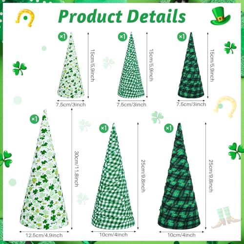 6 Pcs 12" 10" 6" St. Patrick's Day Cone Tree Centerpiece Decoration Lucky Irish Shamrock Tabletop Sign Green Shamrock Tiered Tray Table Decor for Saint Patrick Party Fireplace Home Ornament