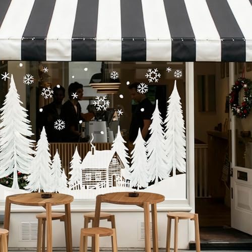 Whaline 55" Large Christmas Window Clings White Xmas Tree Cabin Snowflake Window Decal Reusable Anti-Collision Windows Decor for Winter Holiday Home Party Supplies, 8 Sheets