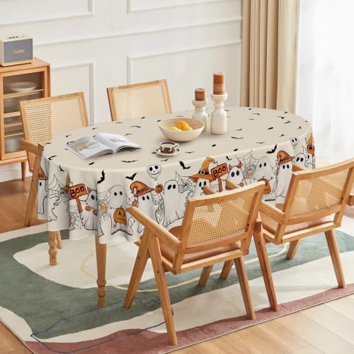 Horaldaily Halloween Tablecloth 60 x 84 Inch Oval Black Bat Ghost Pumpkin
