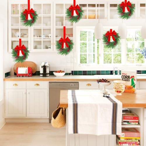 YoleShy 8 Pcs Small Christmas Wreath 12" Mini Wreaths for Cabinets, Small Wreath with Berry & Red Velvet Bow Ribbon, Window Wreaths Christmas Cabinet Wreaths for Kitchen Front Door Chair Wall