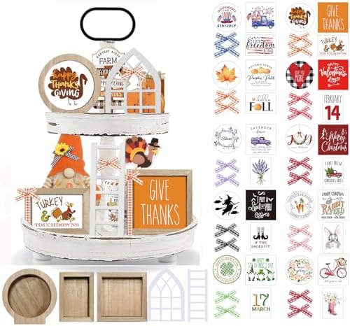 10themes Interchangeable Seasonal Rustic Farmhouse Fall Tiered Tray Decor