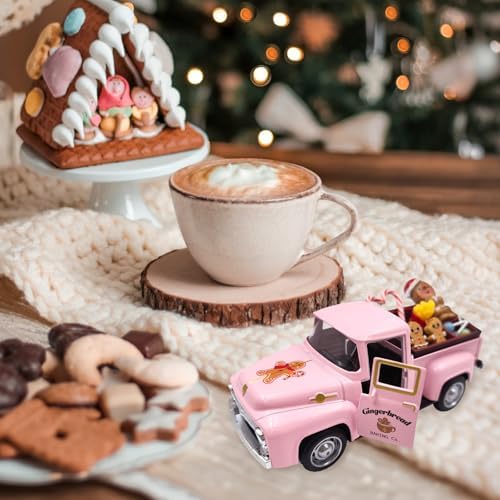 Pink Gingerbread Christmas Decor Metal Truck with Mini Candy Cookie Box