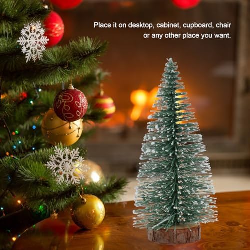 DECHOUS Mini Christmas Tree 4 Inch Snow Frost Miniature Christmas Bottle Brush Trees with Wooden Base for Xmas Decoration Holiday Party Home Table
