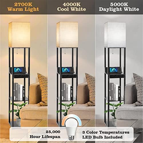 Floor Lamp with Shelves, RUNTOP LED Shelf Floor Lamp with Wireless Charger & 2 Charging USB Ports & Drawer, AC Outlet