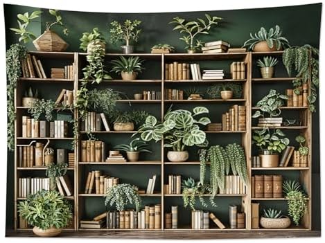 HVEST Green Plant Bookshelf Tapestry Book on Bookshelf and Plant Potted Tapestry Wall Hanging Reading Wall Art Decor for Study Room Bedroom Living Room College Dorm, 40L x 60W Inches