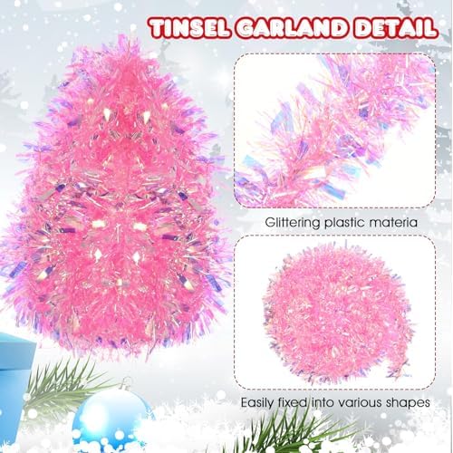 Shappy 90 ft 6 Rolls Christmas Tinsel Garland for Tree,Laser Pink