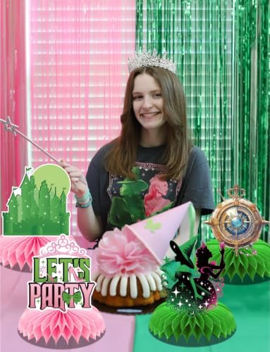 Witch Theme Party Table Decorations - Pink and Green Honeycomb Centerpieces for Movie Birthday Decor, Magical Witch Table Toppers and Party Supplies for Girls, Kids