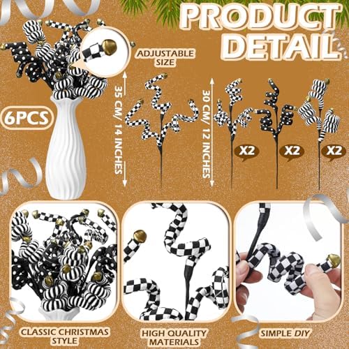 Thiccywoov 6 Pcs Christmas Tree Picks Black and White Christmas Ornaments Woolen Bells Curly Picks Xmas Branches Xmas Halloween Decoration Home Office Party Ornaments
