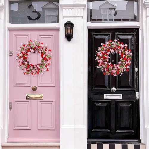 Sggvecsy 20in Valentine's Day Wreath Artificial Pink Red Forsythia Spring Summer Fake Silk Wreath with Heart Berries Green Leaves for Gifts Festival Front Door Window Wall Farmhouse Decor