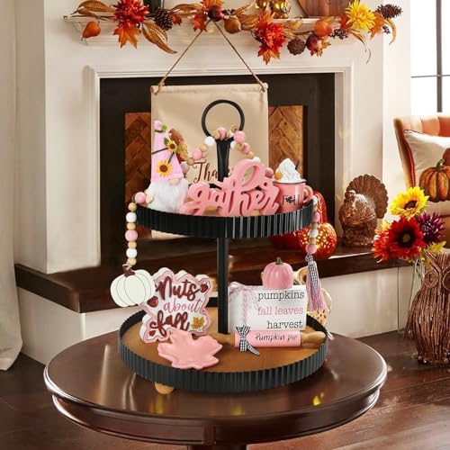 Fall Decorations for Home, 8Pcs Farmhouse Pink Fall Tiered Tray Decor Set