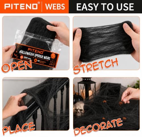 Piteno® 1200 sqft Spider Webs Halloween Decorations with 40 Fake Spiders, Stretchable Halloween Spider Webs for Indoor Outdoor Haunted House Yard Porch Party Decor (Black)