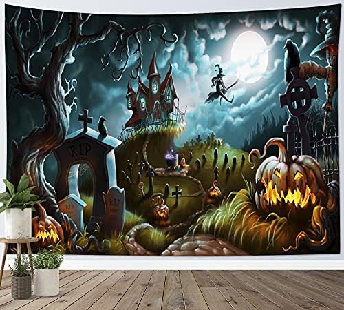 HVEST Halloween Pumpkin Graveyard Tapestry Terror Pumpkin Jack-O-Lantern Wall Decor Witch on Broom Run to Moon Tapestry Night Sky Castle Wall Art for Bedroom Home Dorm Halloween Decor 59Wx51H inches
