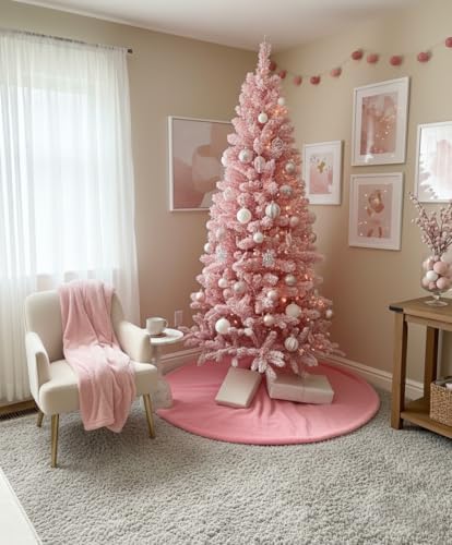 AOGU 48 Inch Faux Fur Christmas Tree Skirt Pink Shiny Plush Skirt for Merry Christmas Party Christmas Tree Decoration