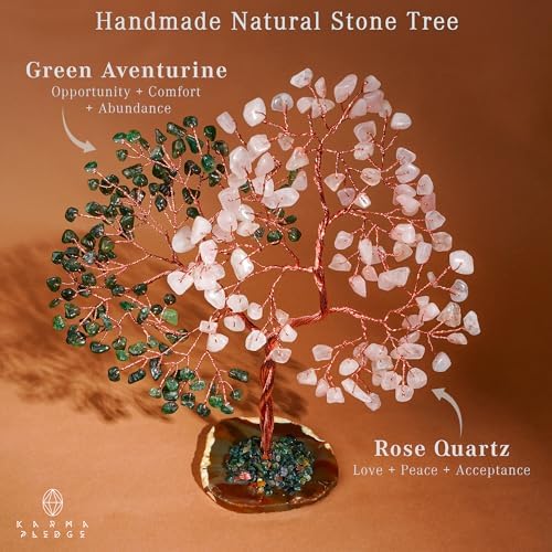 Handmade Healing Crystal Tree of Life Green Aventurine & Rose Quartz Chakra Tree for Money, Good Luck, Feng Shui Home