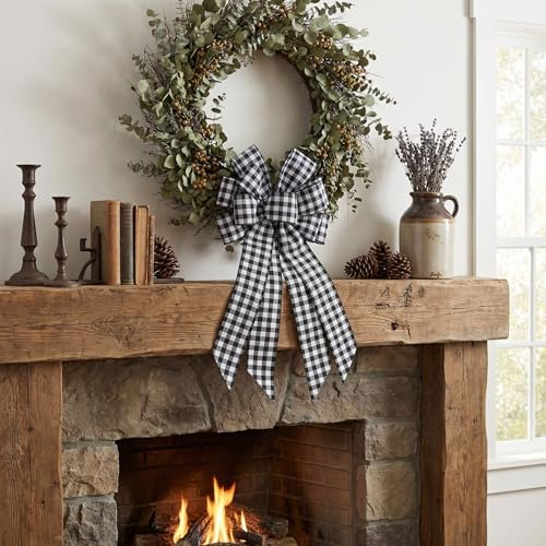 YKW Large Buffalo Plaid Bow with Wired Edge, 11x20 Inch Black White Farmhouse Wreath Bow Pre-Made Front Door Indoor Outdoor Year Round Decor