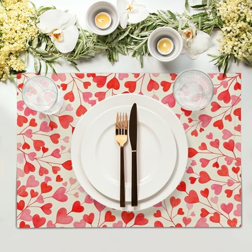 Valentines Day Placemats Set of 4 18x12 Inch Red and Pink Heart Linen Place Mats Heat-Resistant Washable Wipeable Galentines Table Mat for Party Kitchen Dining Dinner Table Home Decor
