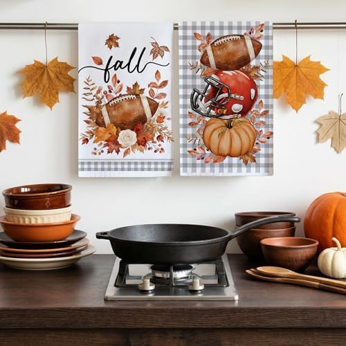 Bonsai Tree Fall Kitchen Towels, Fall Football Decor, Plaid Hand Towels