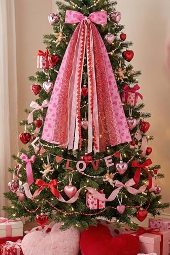 Valentine's Day Wreath Sash for Door, Large Bow Decoration with Metal Clip, 9 Ribbon Swag for Wreath, Front Entry, Fireplace, Fence - Pink Red Love Heart Bow Valentine Decor