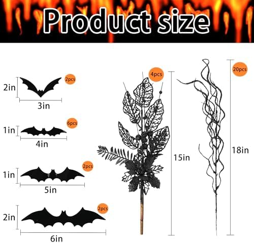 24 Pcs Artificial Halloween Branches Picks Ornaments with 12 Pcs Bats