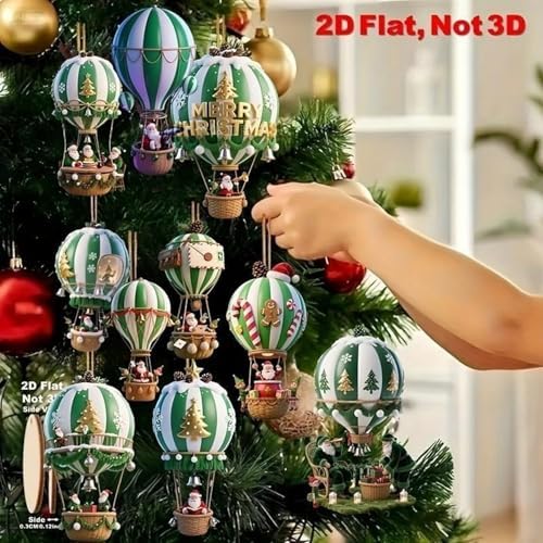 10 Pcs Christmas Hot Air Balloon Hanging Ornaments Green 2D Wooden Christmas Tree Ornaments Decor Santa Claus in Hot Air Balloon Designs Mini DIY Hanging Pendants for Xmas Home Party
