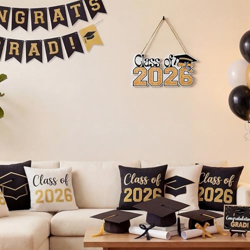 Smile Class of 2026 Graduation Wooden Door Hanger, Black & Gold Glittered Grad Cap & Diploma Front Door Sign for Graduation Party Decorations