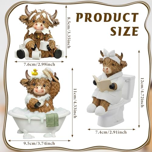 3 Pcs Bathroom Highland Cow Figurines Gifts Decor