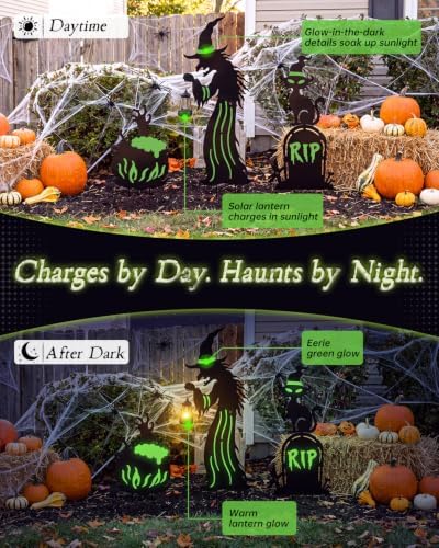 Halloween Decorations Outdoor - 3 Pack Metal Witch Yard Stakes with Solar Lantern, Glow in The Dark Tombstone, Black Cat & Cauldron for Garden Yard Lawn Porch Decor