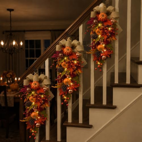 24" Pre-Lit Fall Teardrop Swag with 15 LED Lights & Timer, Pumpkins, Maple Leaves, Pinecones & Burlap Bow, Battery Operated Autumn Door Swag for Thanksgiving & Halloween Decor