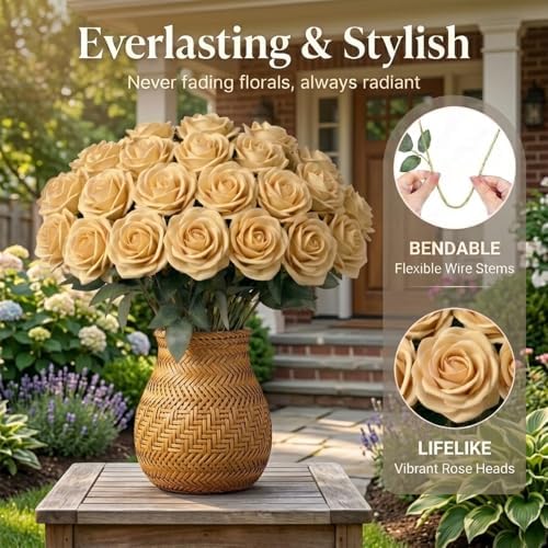 60 Pcs Champagne Velvet Artificial Roses Flowers Real Looking Silk Faux Roses Bulk Long Stems for Wedding Centerpieces,DIY Floral Arrangements,Home Decor,Anniversary,Valentine's Day