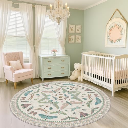 Hazo Haus Green and Blue Insect 6ft Round Soft Rugs for Nursery, Bedroom Beside Bed - Non Skid Rug Low Pile Washable