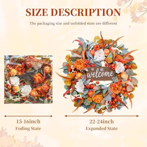 Fall Wreath for Front Door, 24 Inch Autumn Wreath with lamb's Ear Leaves, Roses, Berries & Wooden Sign,Fall Decorations for Home, Artificial Flowers Harvest and Thanksgiving Indoor & Outdoor