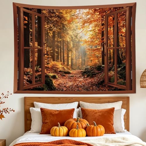 LB Fall Forest Tapestry Autumn Maple Tree Outside Brown Window Wall Tapestry Rustic Nature Landscape Tapestries Wall Hanging for Bedroom Living Room Dorm Decor, 59Wx51H inches