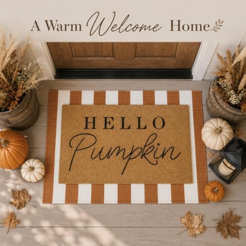 Tinideya 2 Pcs Hello Pumpkin Layered Doormat Set, White Orange