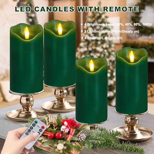 Green Flameless Candles Set of 2, Christmas Candles with Remote & Timer