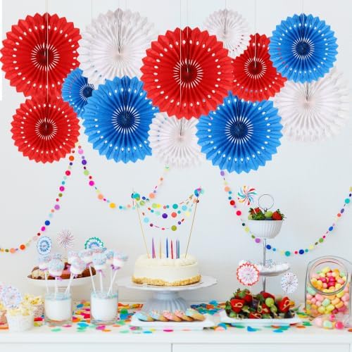 BestoFun 12 PCS 4th of July Patriotic Decorations Red White Blue Paper Fans for American Fourth of July Memorial Day Independence Day Veterans Day Party Decor Supplies