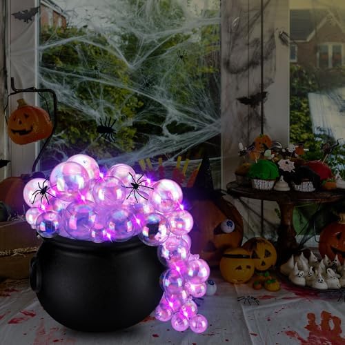 Jenaai 96 Pcs Halloween Bubbling Cauldron Set with 40 Ball Ornaments 2 Lights String 20 g Spider Webs 2 Fake Spider 50 Adhesive Points for Party (Purple, Pink)