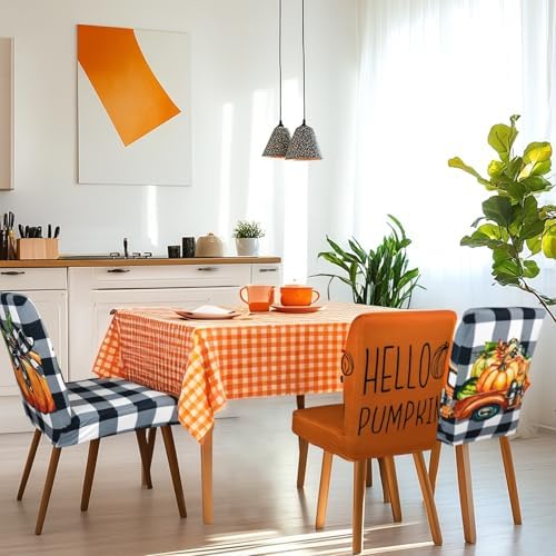 6 Pcs Fall Chair Covers for Dining Room, Thanksgiving Stretch Removable Dining Chair Cover Set of 6, Autumn Pumpkin Truck Chair Slipcovers Seat Protector for Fall Restaurant Decor
